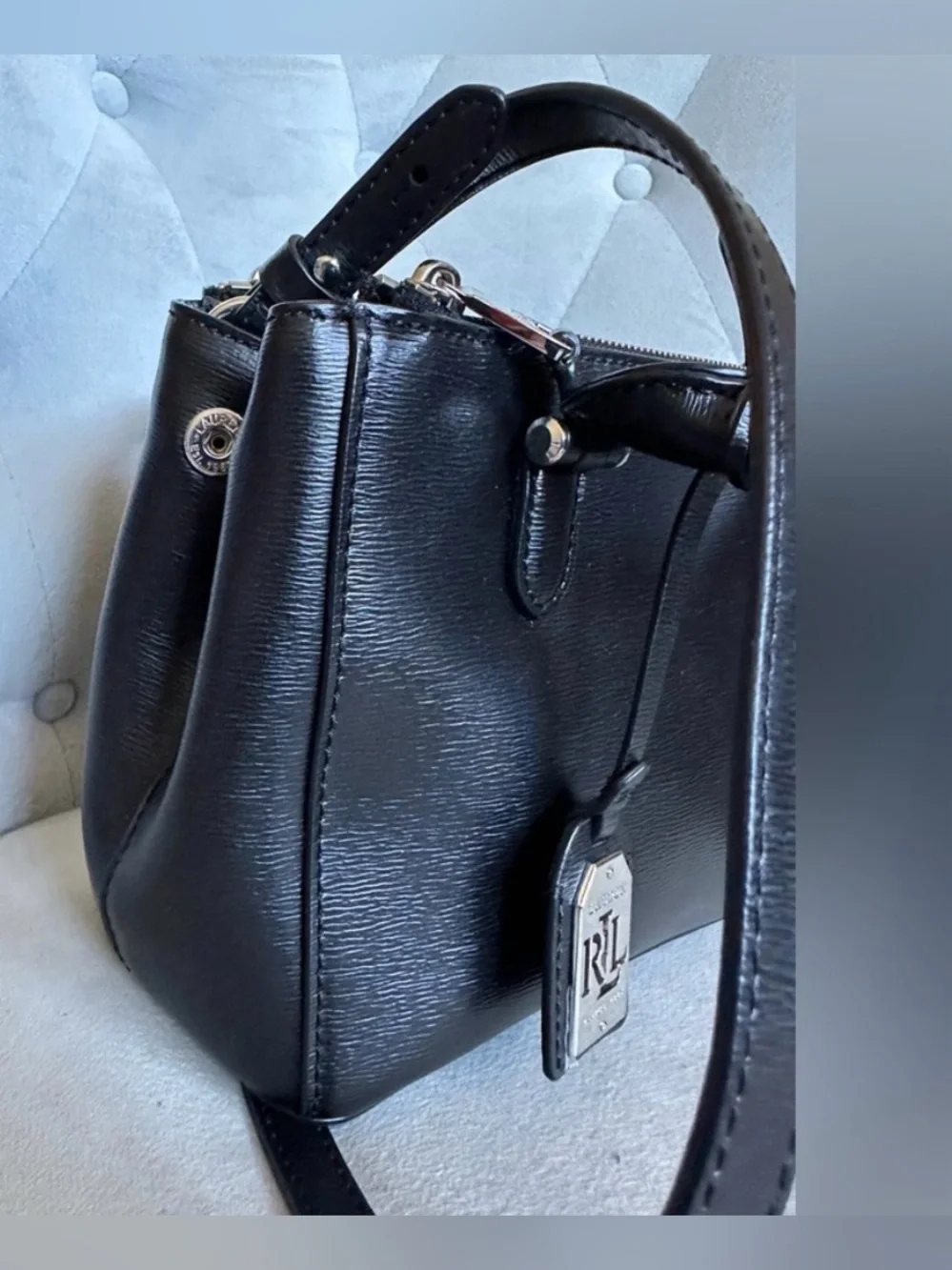 RALPH LAUREN NEWBERY DOUBLE ZIP SATCHEL BAG IN BLACK STRUCTURED LEATHER